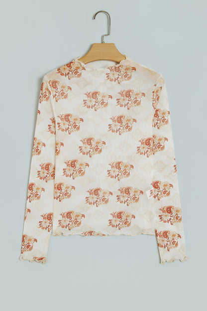 Apricot Floral Print Slim Fit Mesh Long Sleeve Mock Neck Top