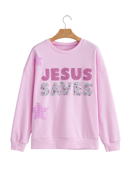 Pink JESUS SAVES Gingham Star Patchwork Detail Plus Size Sweatshirt