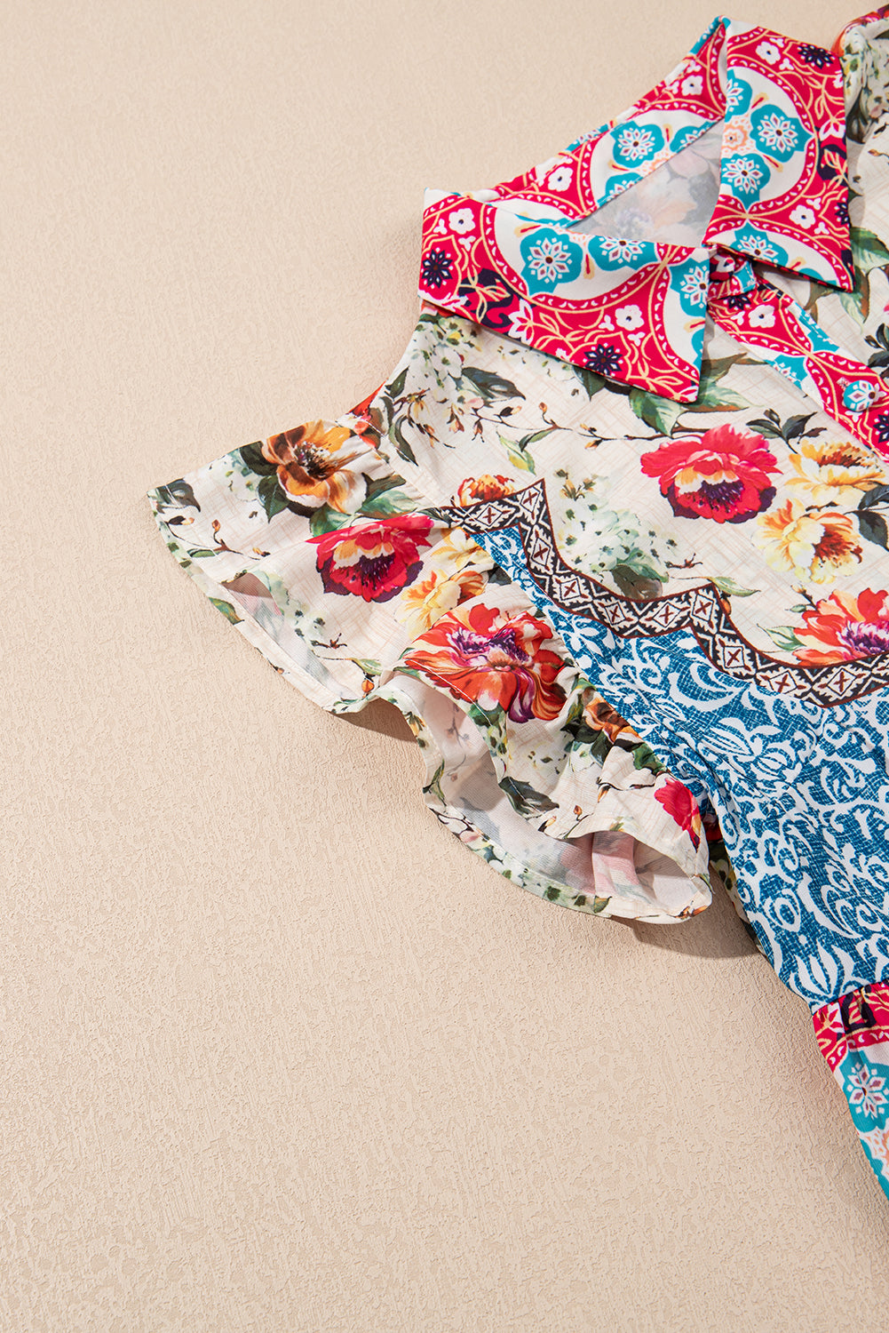 Rose Floral Mixed Pattern Ruffle Flutter Sleeve Buttoned Dress