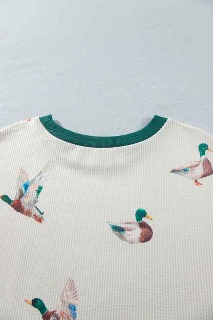 Beige Mallard Duck Print Plus Size Twisted Ribbed Top
