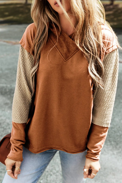 Chestnut Contrast Sleeves Patchwork Colorblock Hoodie - Chic Meadow Boutique 