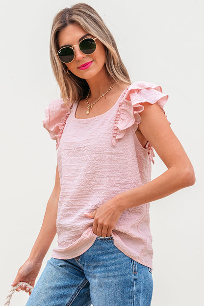 Gossamer Pink Textured Bow Knot Frilled Butterfly Sleeve Blouse