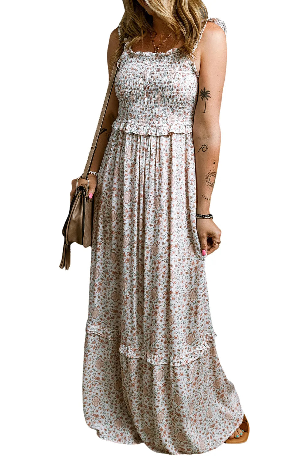 White Lace Frilly Straps Shirred Floral Maxi Dress - Chic Meadow Boutique 