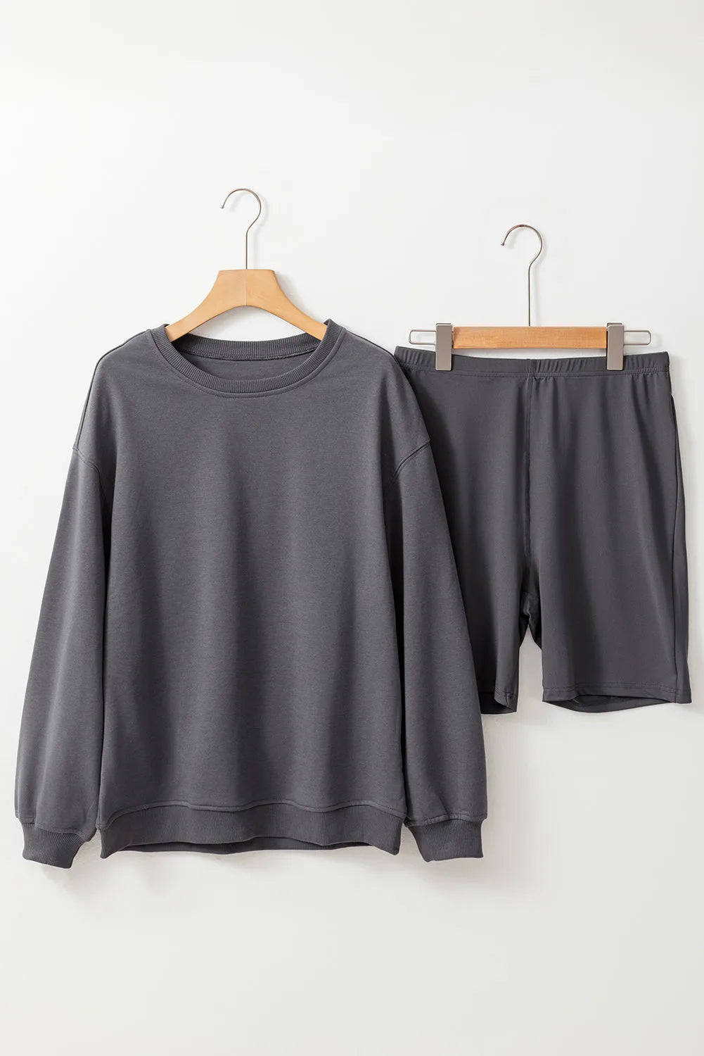 Dark Grey Solid Color Pullover and Skinny Shorts Two Piece Set - Chic Meadow Boutique 