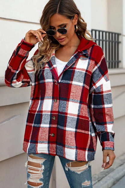 Fiery Red Hooded Plaid Button Front Shacket - Chic Meadow Boutique 