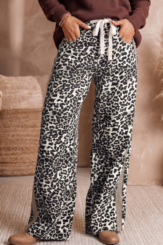 Khaki Leopard Print Drawstring Waist Straight Leg Jeans