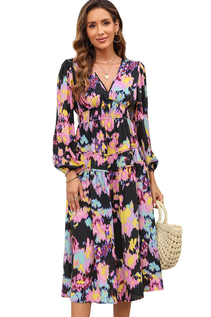 Black Abstract Print Pleated High Waist Maxi Dress - Chic Meadow Boutique 