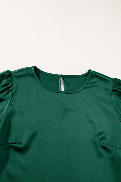 Blackish Green Solid Color Satin Keyhole Back Wide Sleeve Blouse - Chic Meadow Boutique 