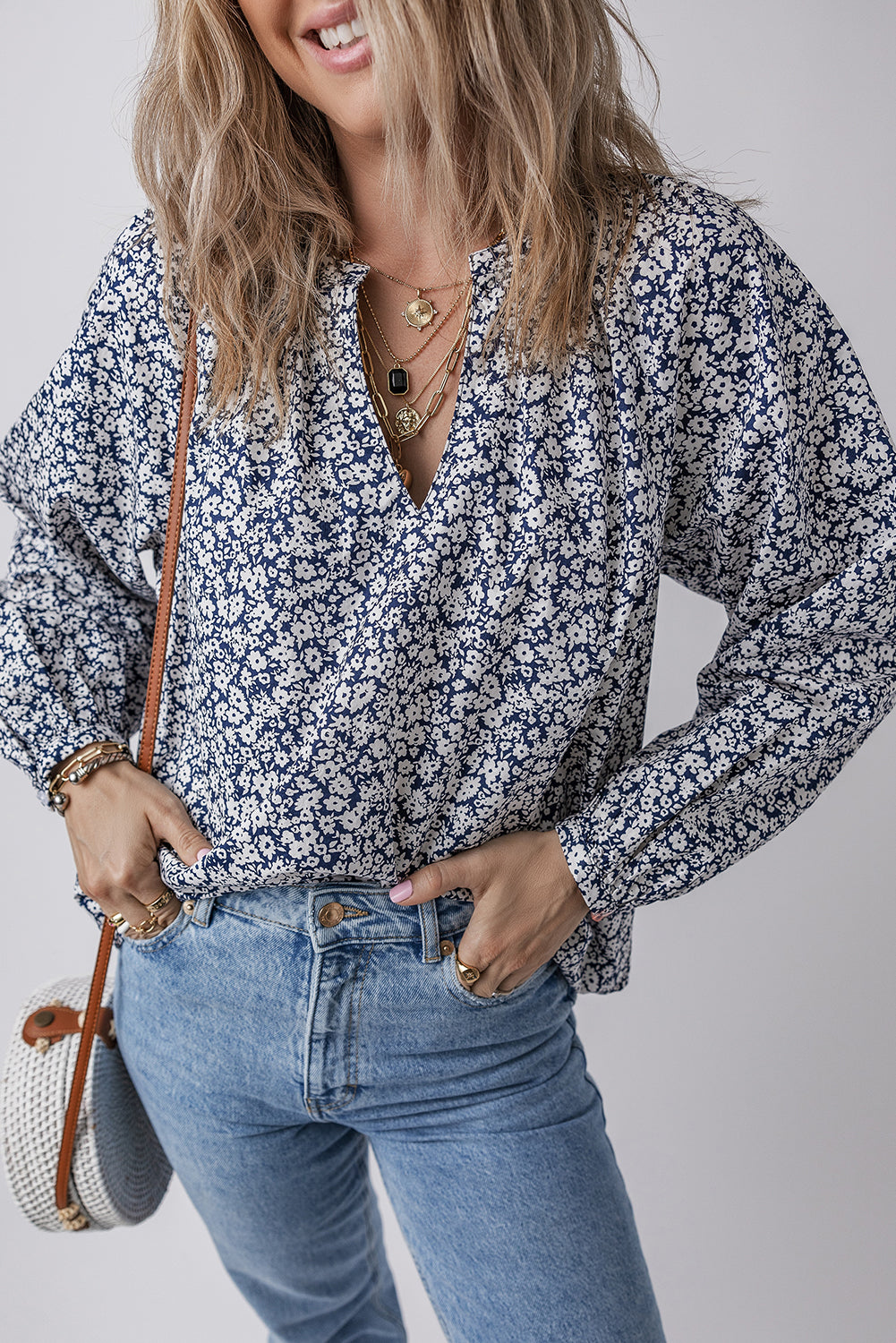 Blue Floral Print Notched V Neck Puff Sleeve Blouse