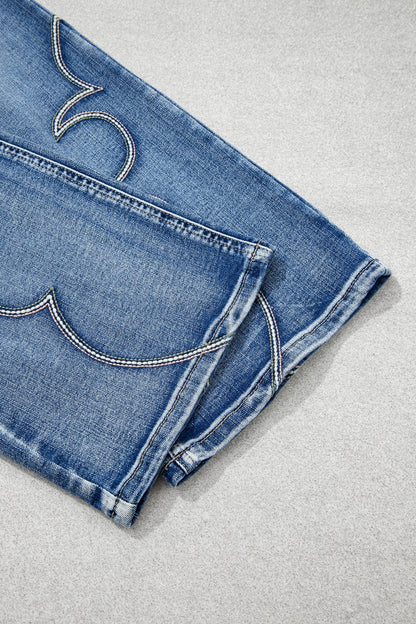 Blue Western Embroidered Flare Full Length Jeans