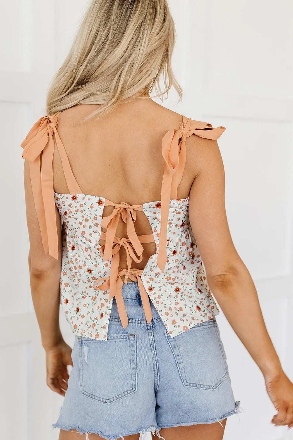 White Tied Shoulder Floral Print Babydoll Tank - Chic Meadow Boutique 