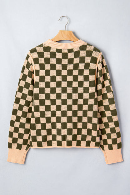 Multicolour Drop Shoulder Plaid Knit Long Sleeve Sweater