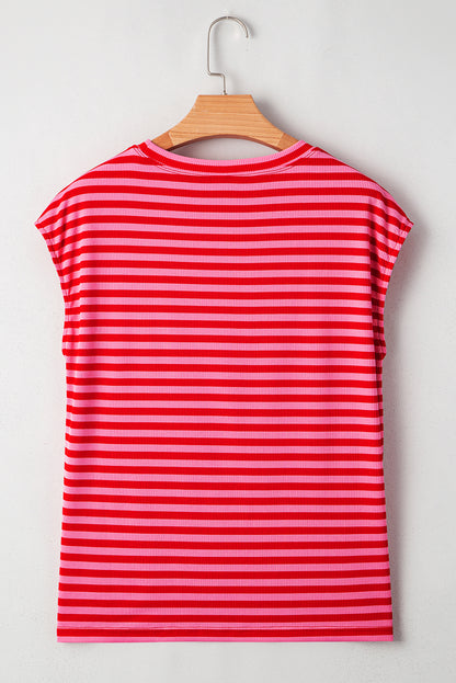 Red Stripe Ribbed Cap Sleeve Round Neck T Shirt