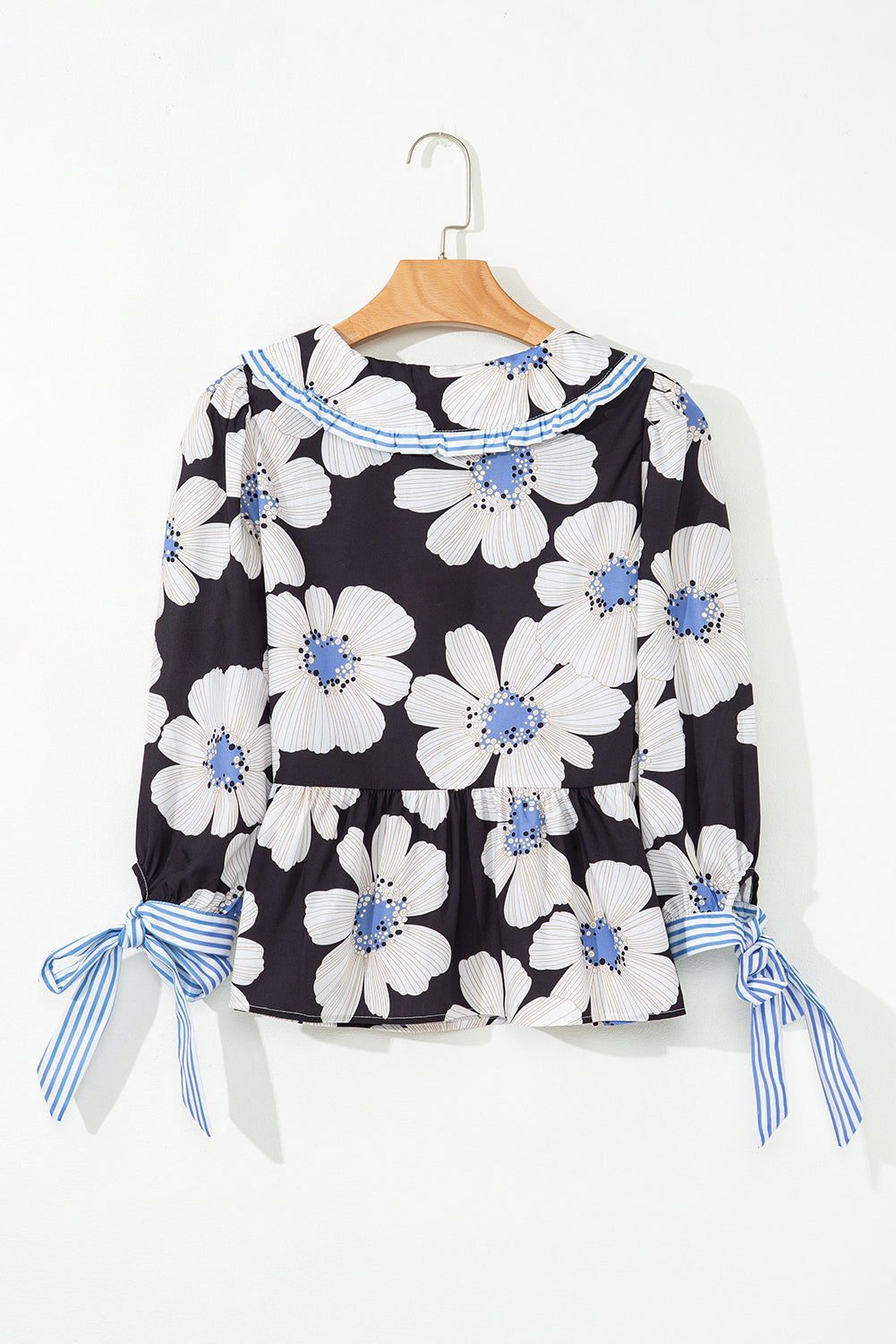 Black Floral Print Striped Tie Sleeve Collared V Neck Blouse