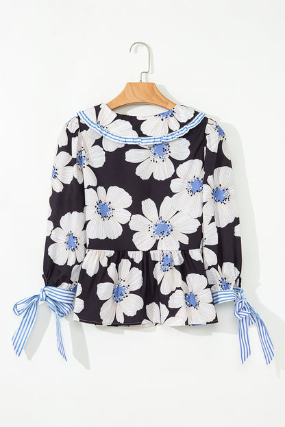 Black Floral Print Striped Tie Sleeve Collared V Neck Blouse