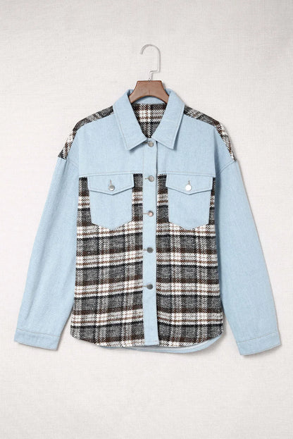 Sky Blue Plaid Patchwork Raw Hem Denim Jacket - Chic Meadow Boutique 