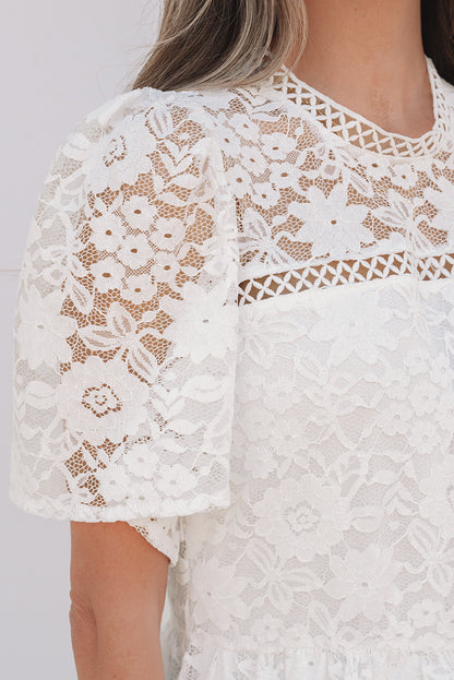 White Short Sleeve Scalloped Floral Lace Peplum Blouse