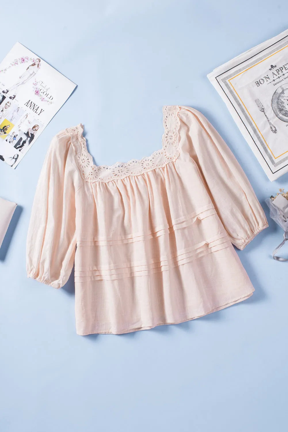 Beige Puff Sleeve Eyelet Babydoll Blouse - Chic Meadow Boutique 