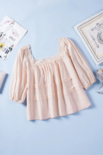 Beige Puff Sleeve Eyelet Babydoll Blouse - Chic Meadow Boutique 