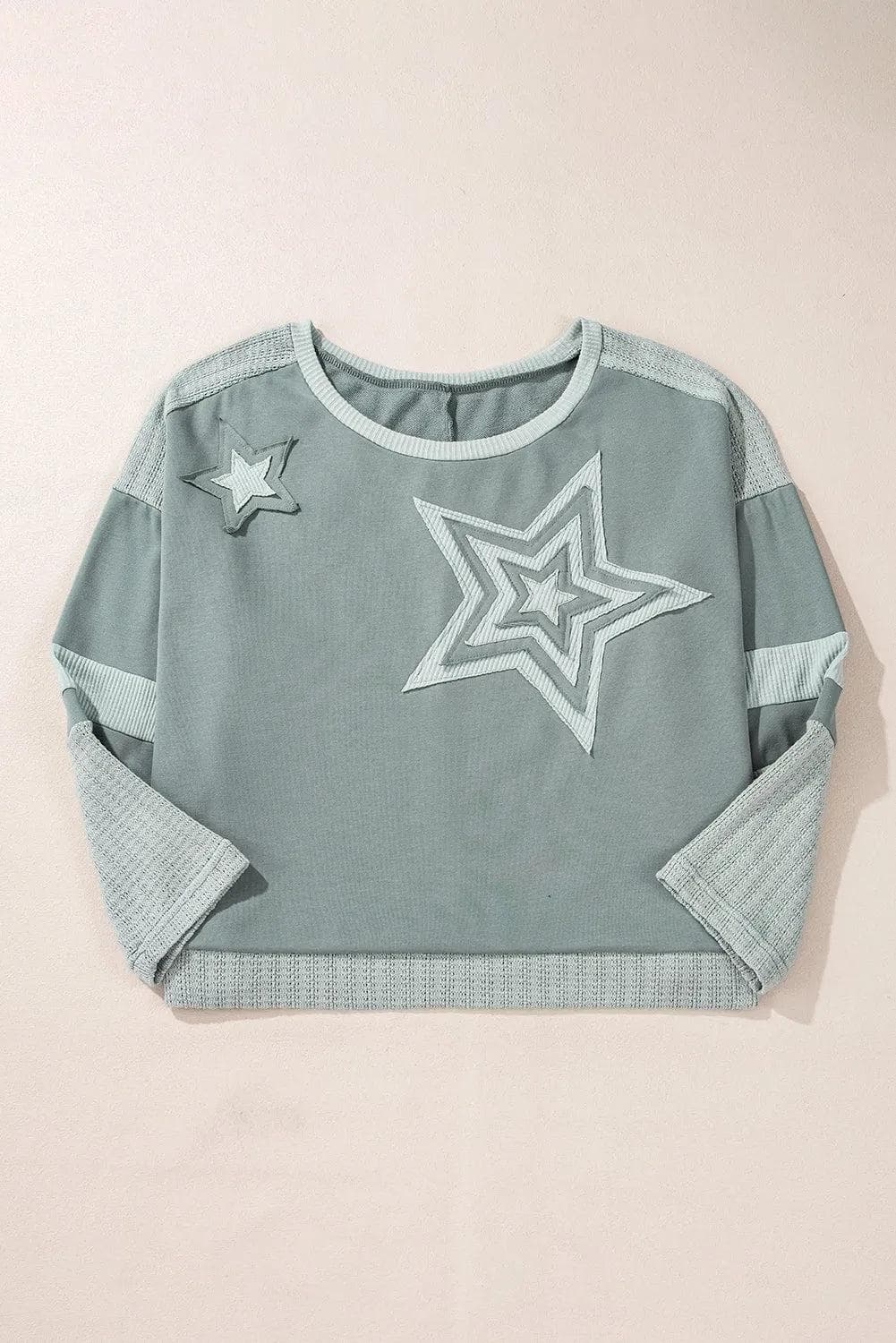 Plus Size/Plus Size Tops/Plus Size Long Sleeve Tops Mist Green Stars Patchwork Round Neck Plus Size T Shirt