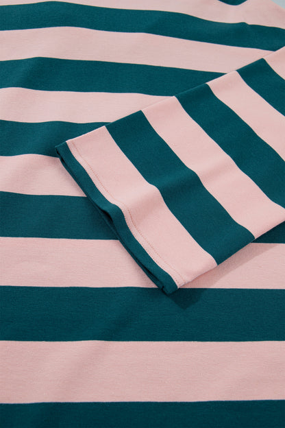Green Stripe Quarter-Zip Metal Zipper Cover Stitch Hem Top