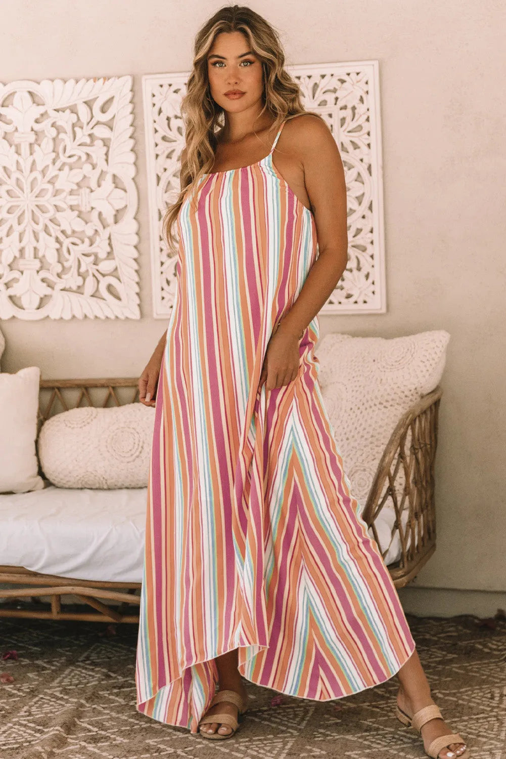 Bohemian Striped Print Sleeveless Holiday Maxi Dress - Chic Meadow Boutique 