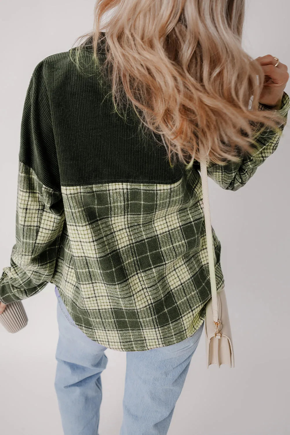 Blackish Green Snap Buttons Colorblock Plaid Shacket - Chic Meadow Boutique 