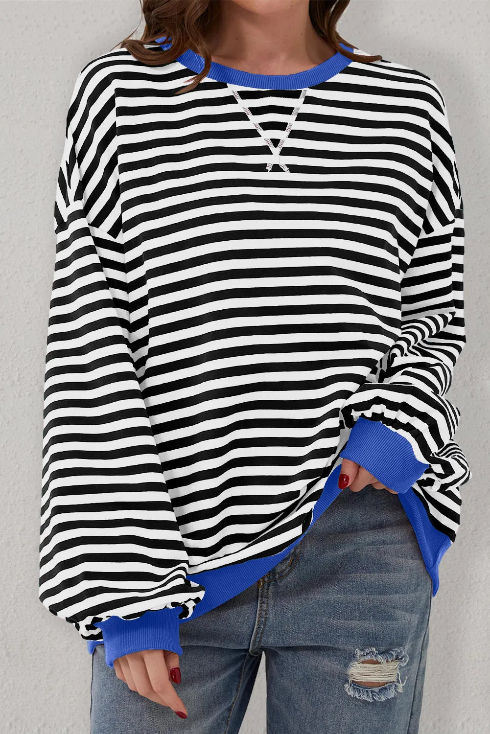 Black Stripe Oversized Contrast Trim Pullover Sweatshirt - Chic Meadow Boutique 