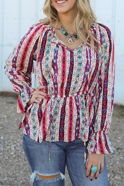 Tops/Blouses & Shirts Multicolour Western Aztec Split Neck Peplum Blouse