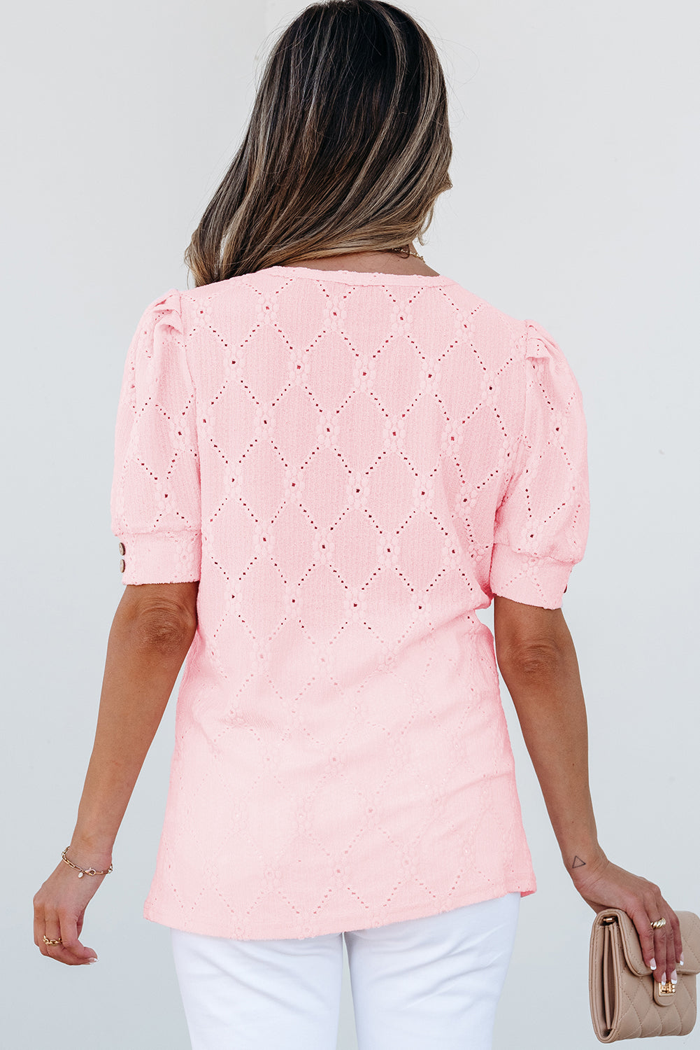 Pink Flower Geometric Textured Button Short Sleeve Top