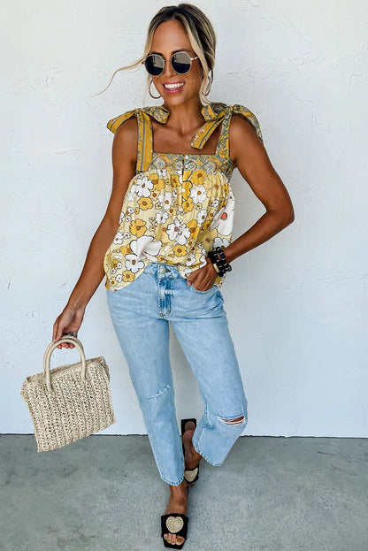 Yellow Floral Patchwork Tied Straps Buttoned Tank Top - Chic Meadow Boutique 