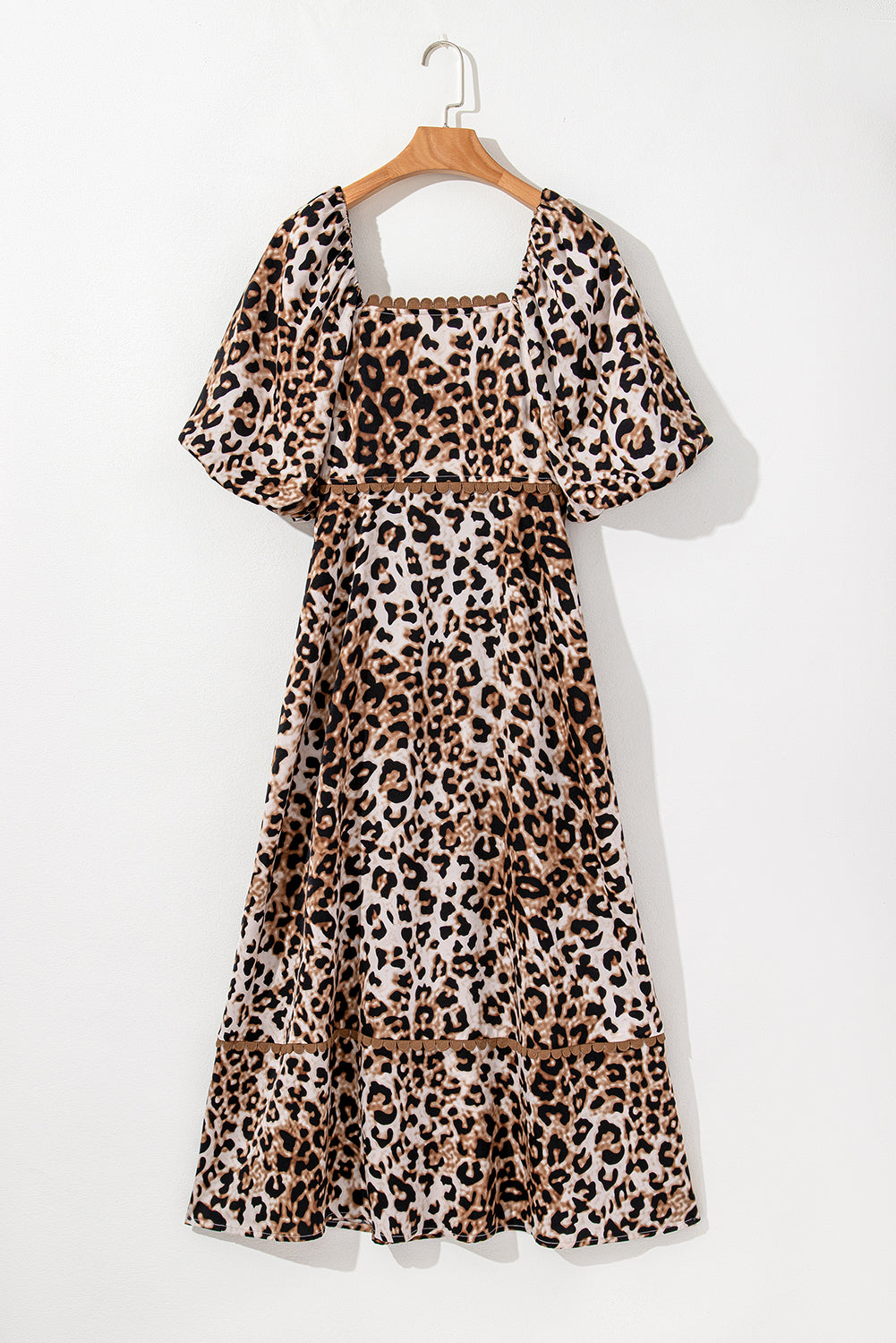 Brown Leopard Print Bubble Sleeve Square Neck Maxi Dress