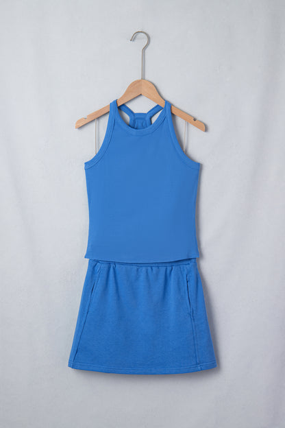 Sky Blue Slim Tank Top Elastic Waist Mini Skort 2pcs Outfit