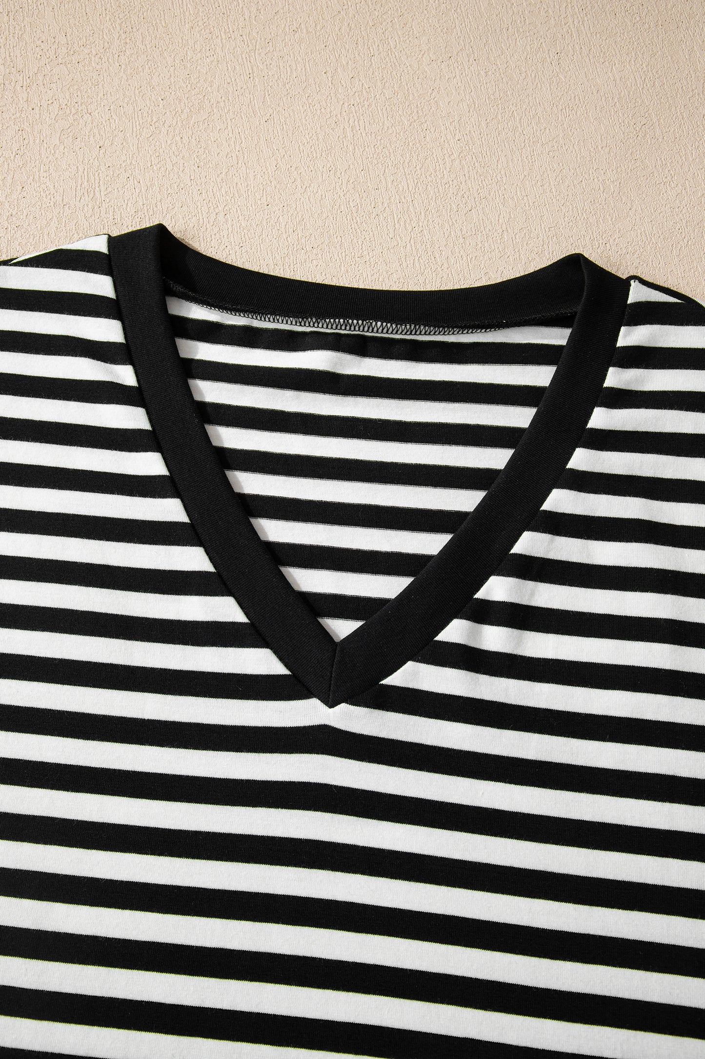 Black Striped Print V Neck Delicate Trim Casual Tee