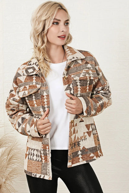 Brown Aztec Print Flap Pocket Button-up Jacket - Chic Meadow Boutique 