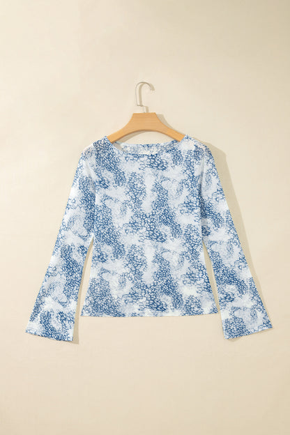 Sky Blue Long Sleeve Leopard Print Round Neck Sheath Top