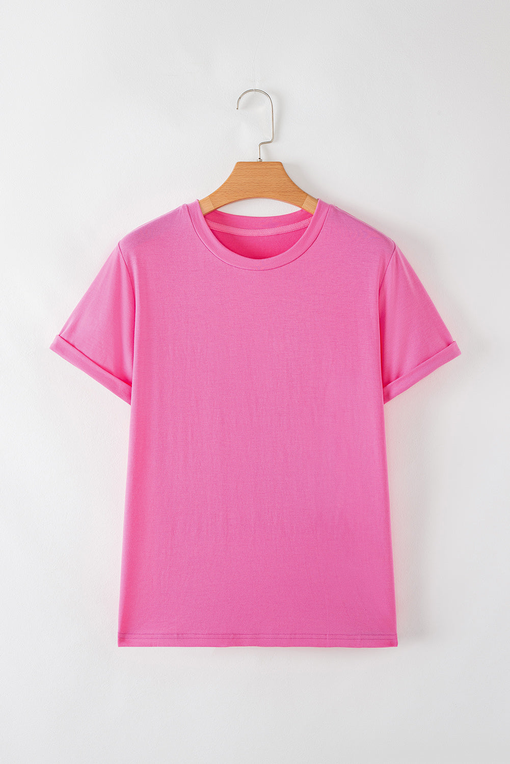 Sachet Pink Bright Casual Plain Crew Neck Tee