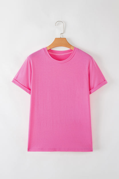 Sachet Pink Bright Casual Plain Crew Neck Tee