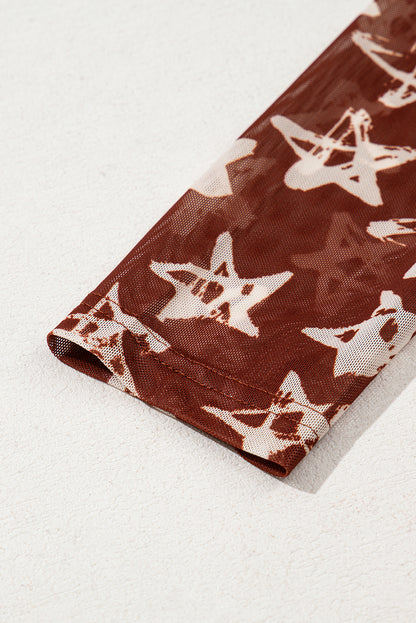 Red Mesh Star Print Mock Neck Sheath Long Sleeve Top