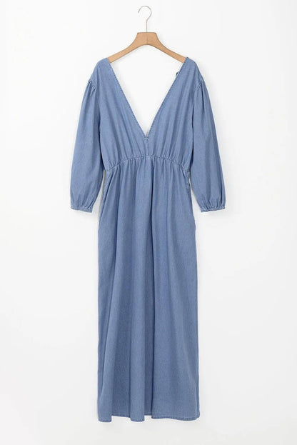 Dresses/Maxi Dresses Myosotis Chambray Deep V Neck Bracelet Sleeve Maxi Dress