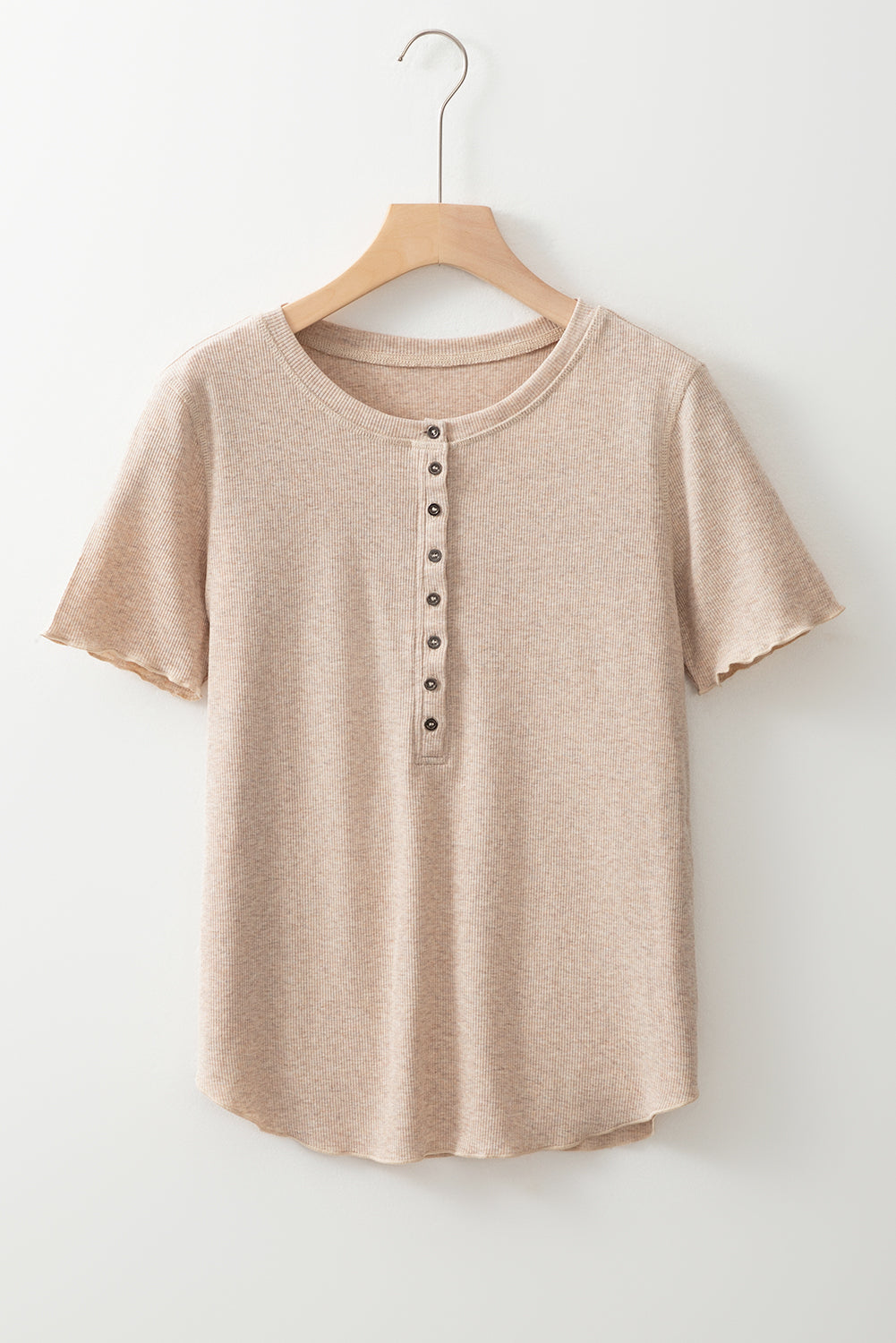 Oatmeal Short Sleeve Half Button Ribbed Knit Top