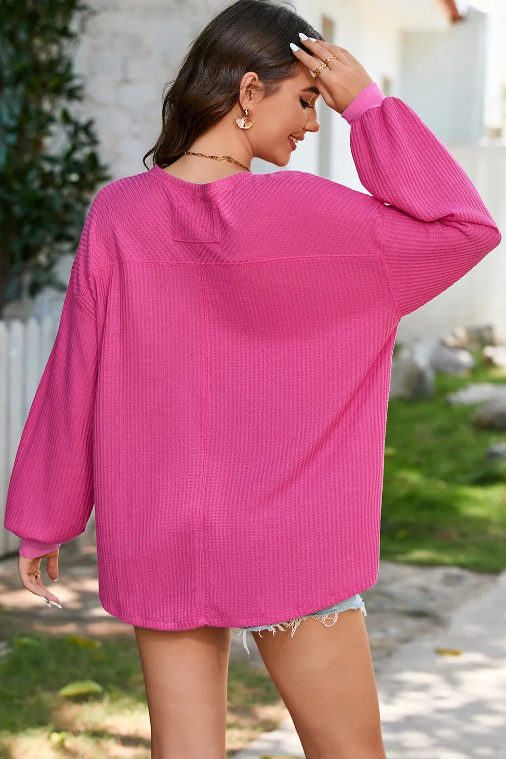 Bright Pink Waffle V Neck Long Sleeve Drop Shoulder Loose Blouse - Chic Meadow Boutique 