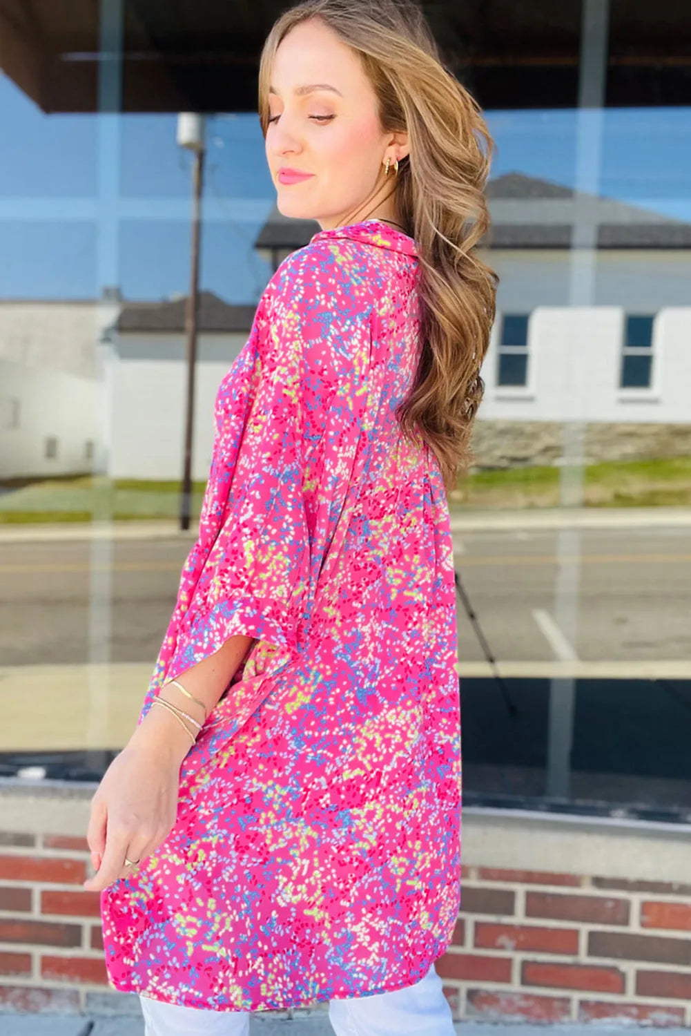 Rose Abstract Print Bracelet Sleeve Oversized Tunic Shirt - Chic Meadow Boutique 