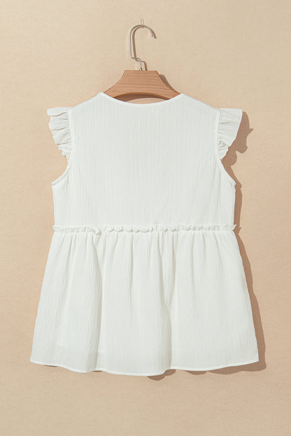 White Textured Ruffled Trim V Neck Flutter Flowy Top