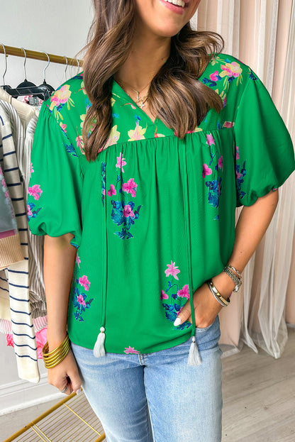 Green Floral Detail Tie Split Neck Short Sleeve Blouse