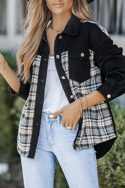 Black Plaid Patchwork Raw Hem Denim Jacket - Chic Meadow Boutique 