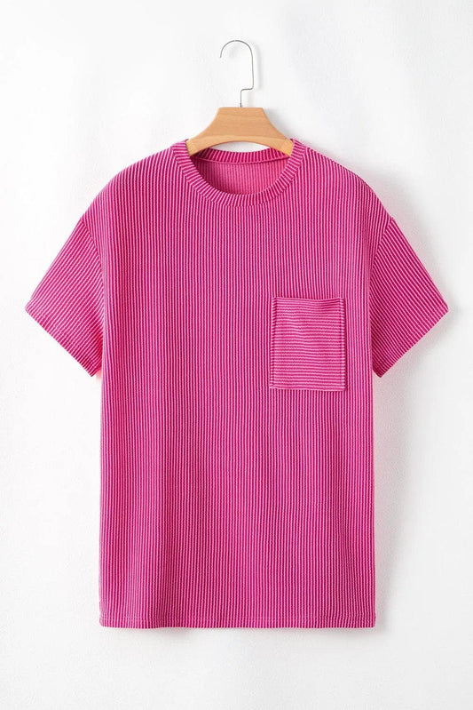 Tops/Tops & Tees Pink / S / 75%Polyester+20%Viscose+5%Elastane Pink Corded Knit Pocketed Loose Fit T Shirt