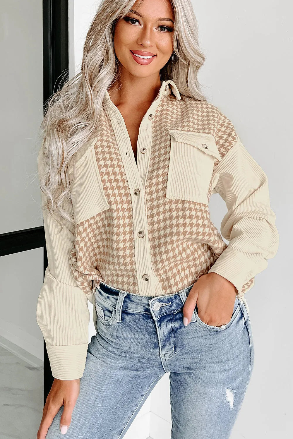 Parchment Houndstooth Corduroy Patchwork Flap Pocket Shacket - Chic Meadow Boutique 