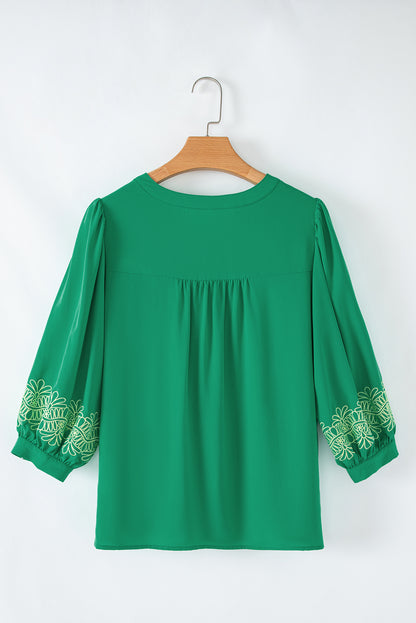 Green Contrast Floral Embroidered 3/4 Sleeve Notched V Neck Elegant Blouse