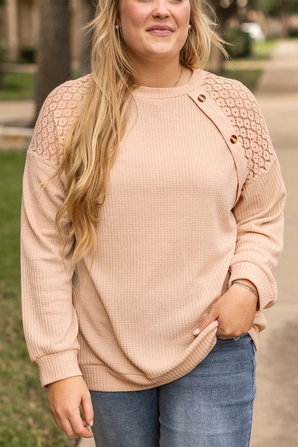 Beige Plus Size Lace Patchwork Buttons Waffle Knit Top - Chic Meadow Boutique 